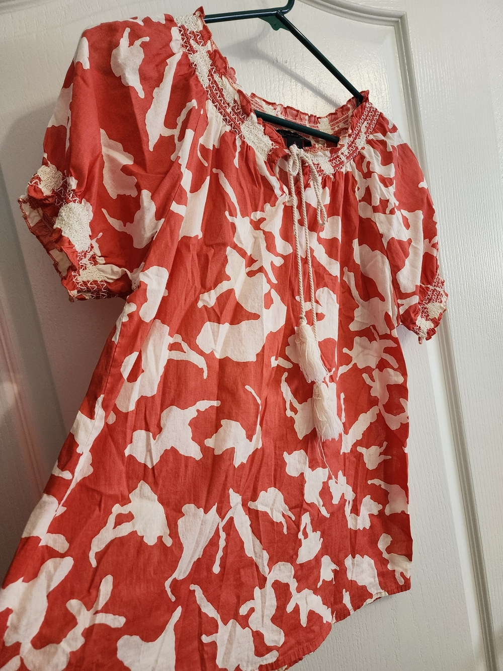 Red & White Smocked Peasant Tunic Top with Tassel Tie - Picture 2 of 5